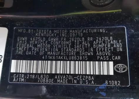 2020 Toyota Camry Xse from USA, damaged, VIN 4T1K61AKXLU863815